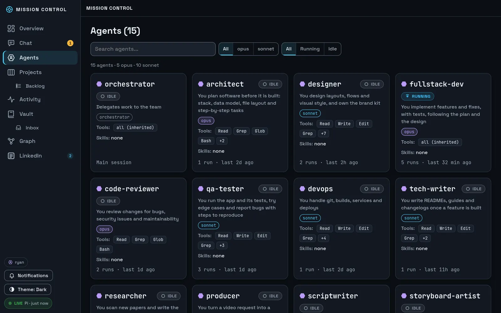 The Agents page: a grid of agent cards such as orchestrator, architect, designer, fullstack-dev, code-reviewer, qa-tester, devops and tech-writer, each with its model, tools and run count