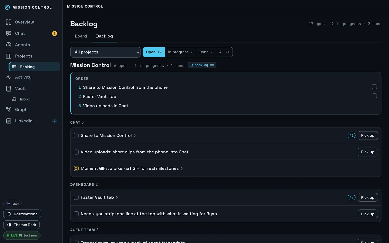 The Backlog page: an ordered list of three items, then items grouped by feature, each with a Pick up button