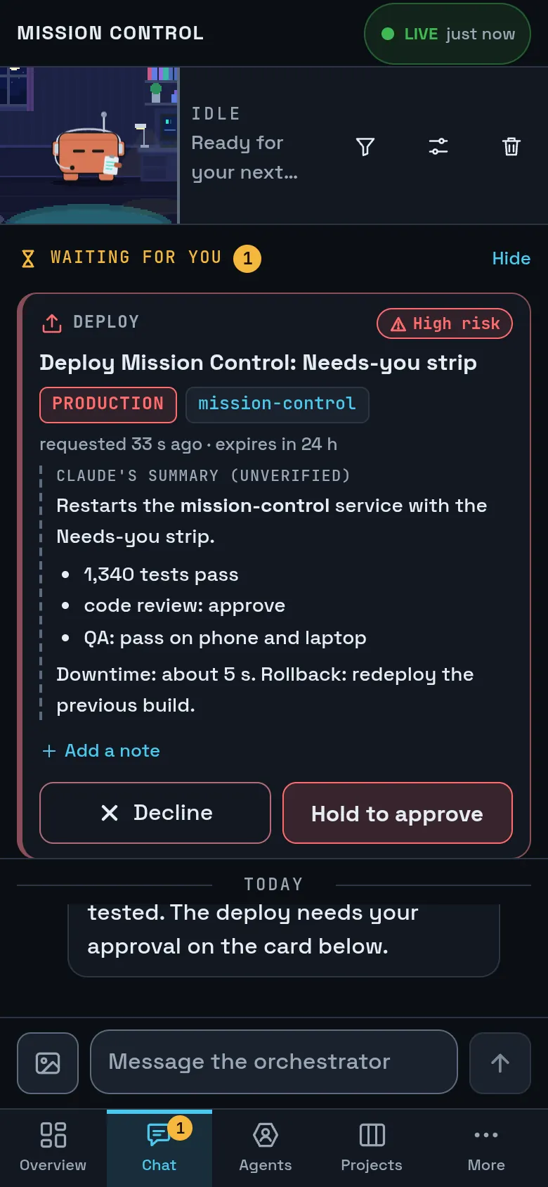 Chat on a phone: a pixel-art mascot, and a high-risk production deploy approval card with Decline and Hold to approve buttons