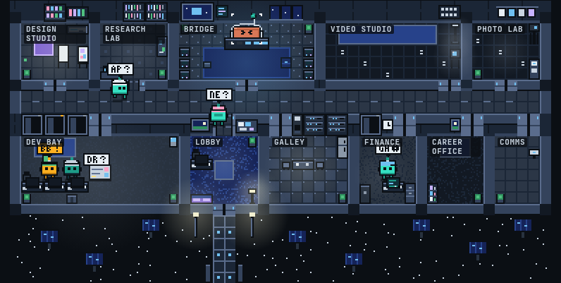 The pixel-art Station view: a space station with rooms for each team (design studio, research lab, bridge, video studio, dev bay, finance and more), with small robot agents working at their desks