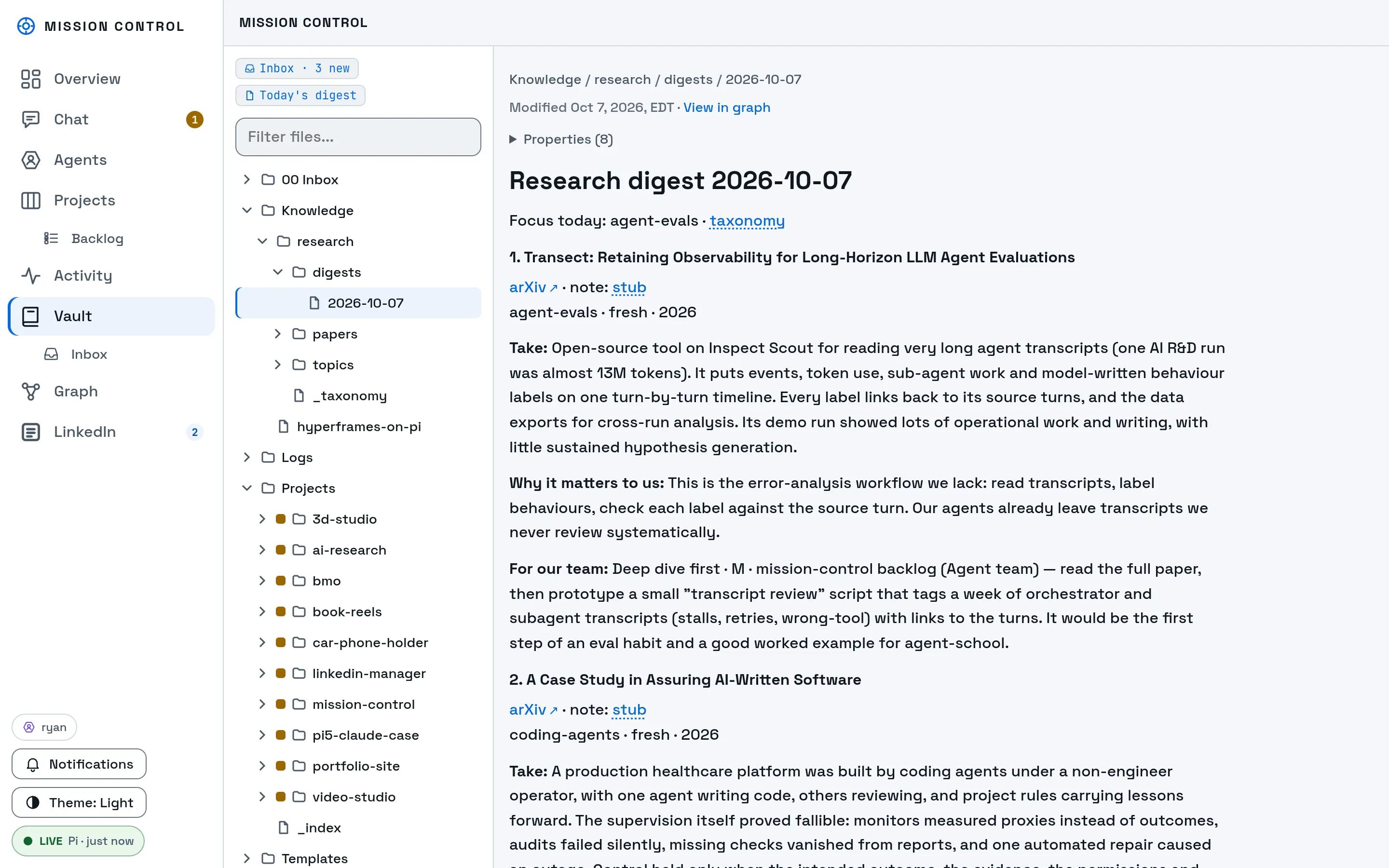 A research digest note: title, focus line, first pick, its take and why it matters to the team